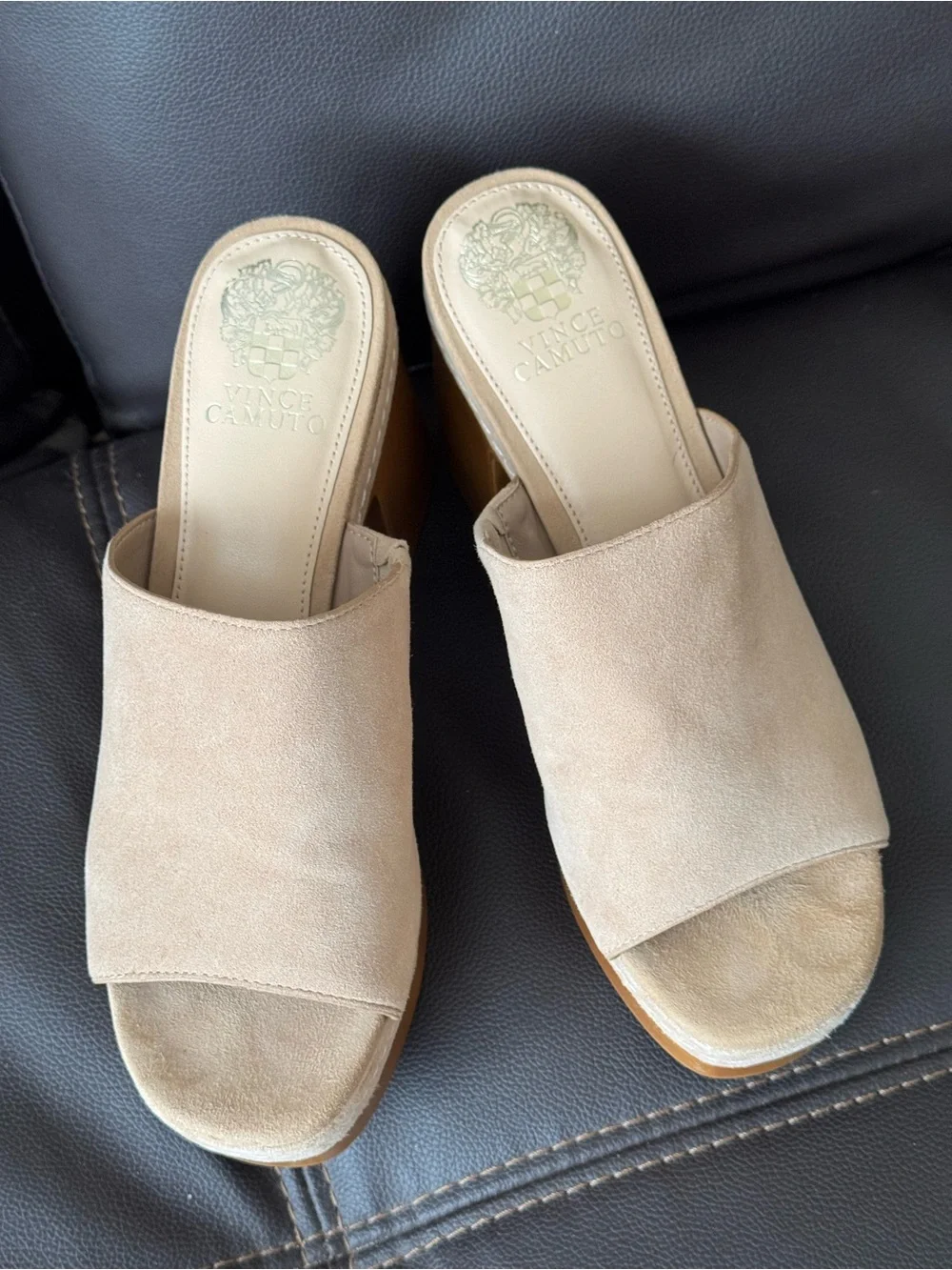 Vince Camuto Taupe Suede Platform Mule Sandals